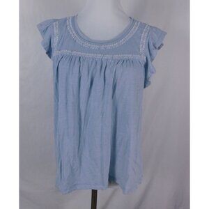 Lucky Brand Blue Embroidered Cotton Top L Cap Sleeve Ruffle Pullover